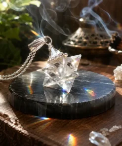 Shop natural Clear Quartz Merkaba Star Pendant Necklaces with a detailed 3D sacred geometry design. High-quality crystal jewelry available for wholesale and retail